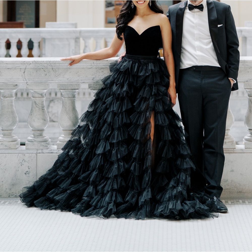 Sherri Hill Black Strapless Ruffled Dress